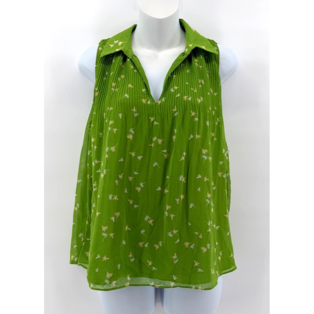 Halogen Floral Blouse Women's Cottagecore‎ Green Pleated Sleeveless V Neck Top S